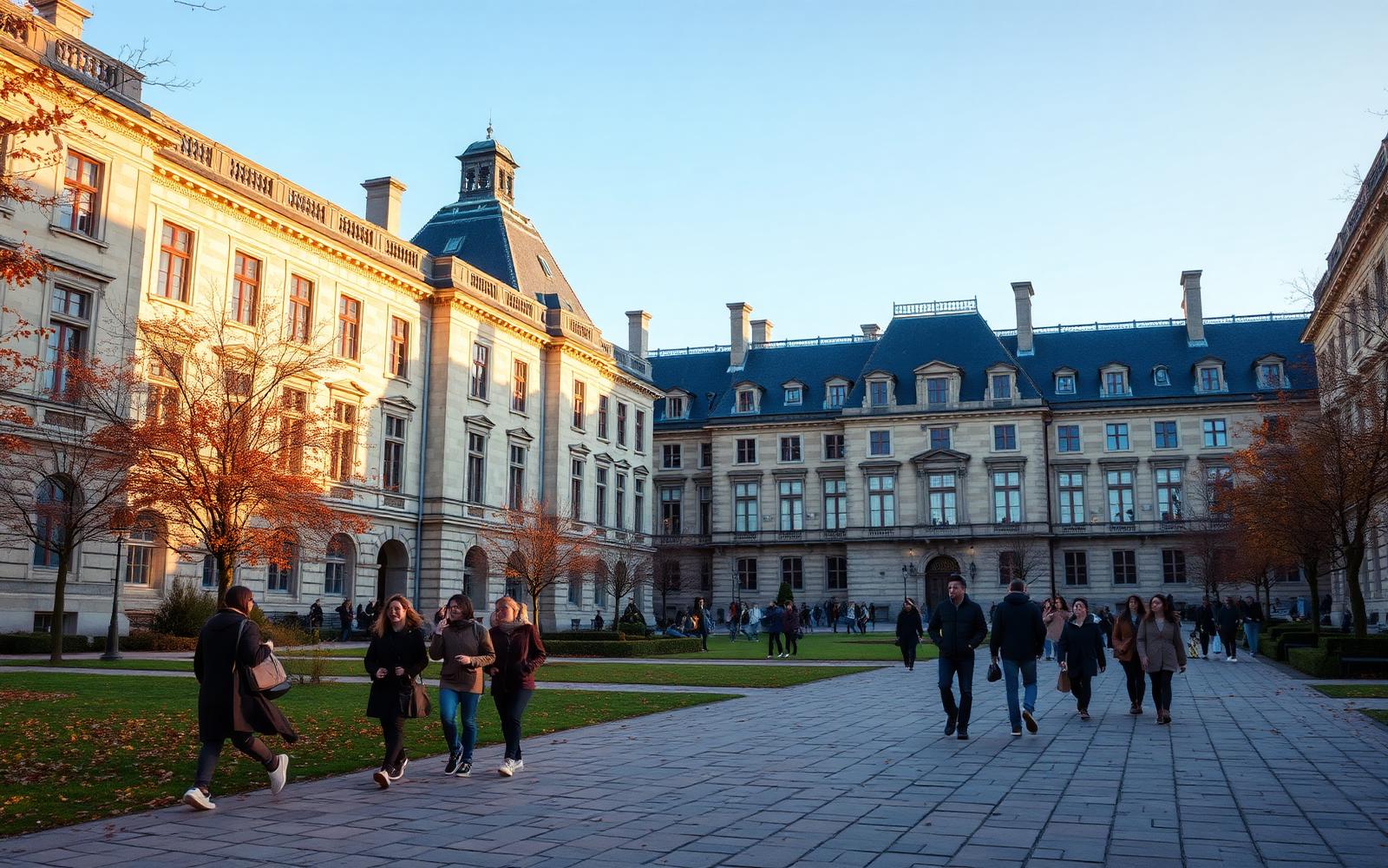 International students walking through a European university campus