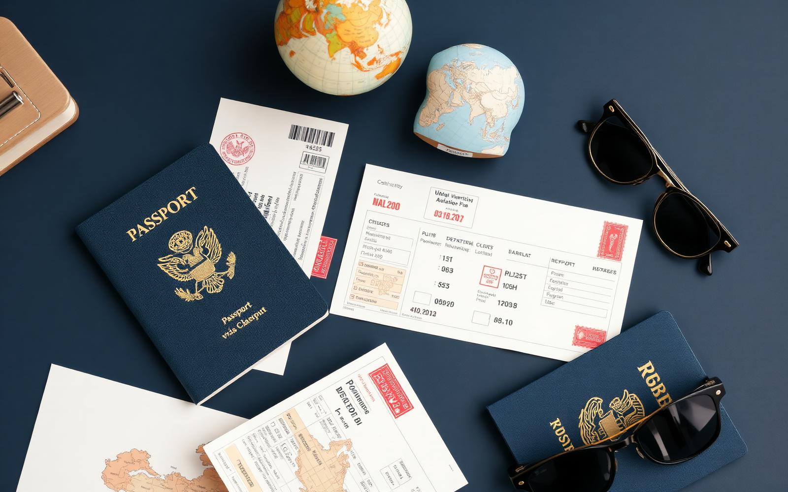Passports, visa stamps and travel documents prepared for a visitor visa application